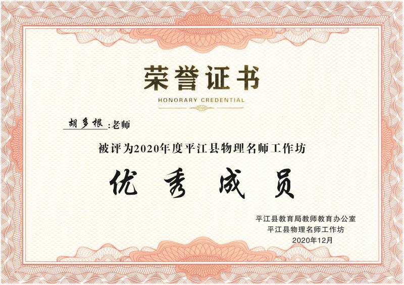 2020平江县物理名师工作坊优秀成员（胡多根）